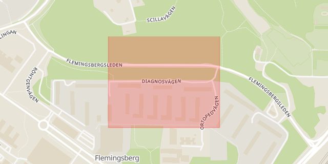 Karta som med röd fyrkant ramar in Flemingsberg, Diagnosvägen, Terapivägen, Huddinge, Stockholms län
