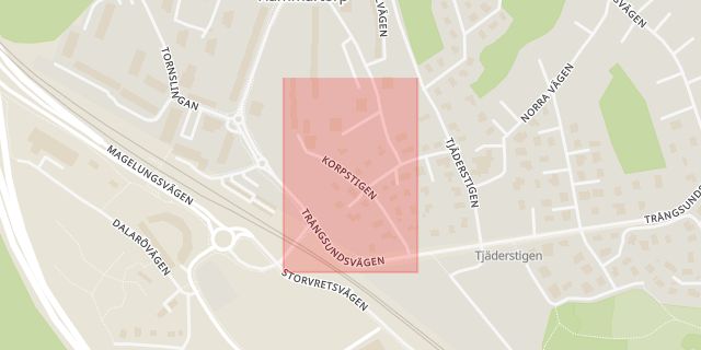 Karta som med röd fyrkant ramar in Korpstigen, Huddinge, Stockholms län