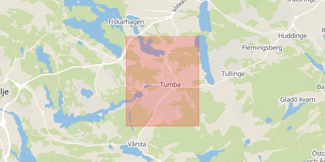 Karta som med röd fyrkant ramar in Tumba, Huddinge, Stockholms län