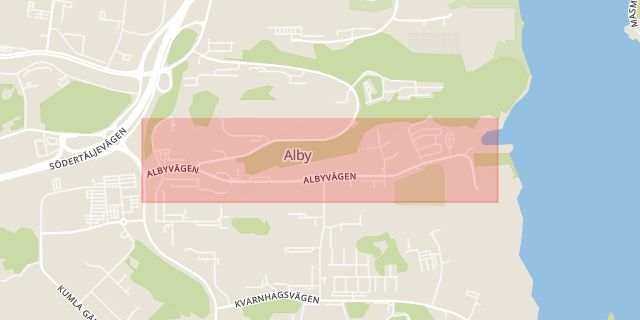 Karta som med röd fyrkant ramar in Albyvägen, Botkyrka, Stockholms län