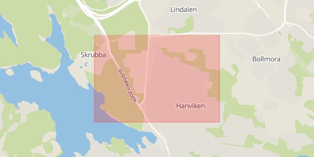 Karta som med röd fyrkant ramar in Hanviken, Tyresö, Stockholms län