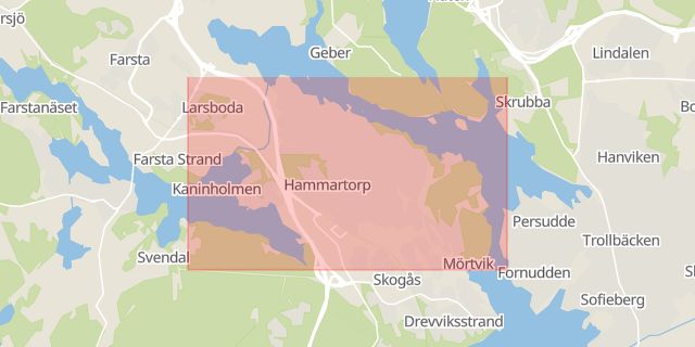 Karta som med röd fyrkant ramar in Trångsund, Skogås, Huddinge, Stockholms län