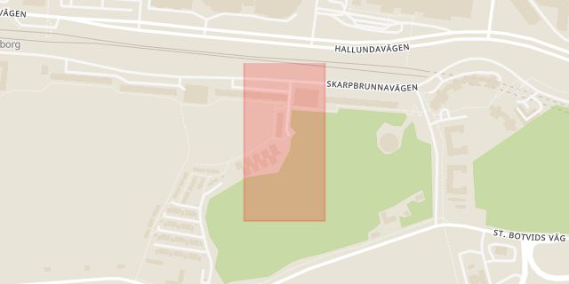 Karta som med röd fyrkant ramar in Norsborg, Sankt Mikaels Väg, Skarpbrunnavägen, Botkyrka, Stockholms län