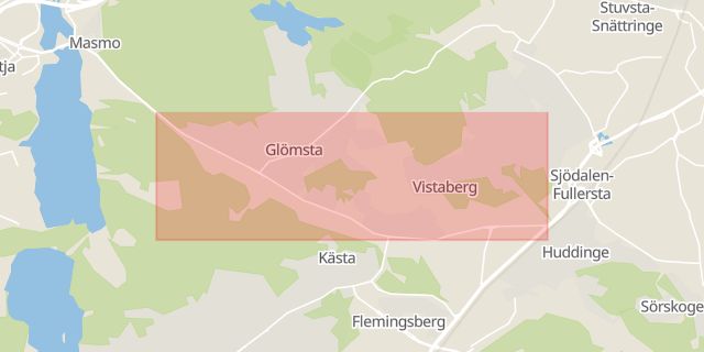 Karta som med röd fyrkant ramar in Glömstavägen, Flemingsberg, Huddinge, Stockholms län
