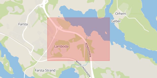 Karta som med röd fyrkant ramar in Farsta, Larsboda, Stockholm, Stockholms län