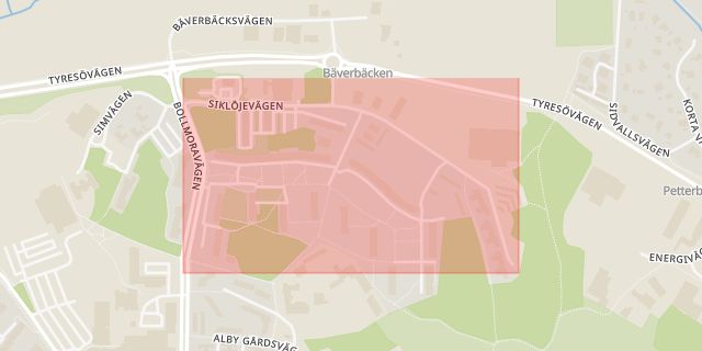 Karta som med röd fyrkant ramar in Siklöjevägen, Tyresö, Stockholms län