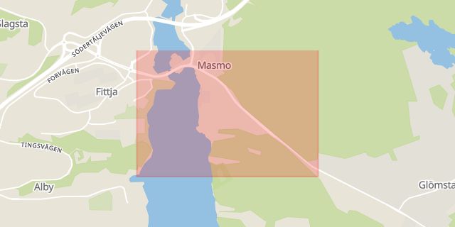 Karta som med röd fyrkant ramar in Masmo, Huddinge, Stockholms Län