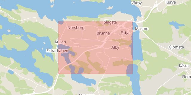 Karta som med röd fyrkant ramar in Södertäljevägen, Botkyrka, Stockholms län