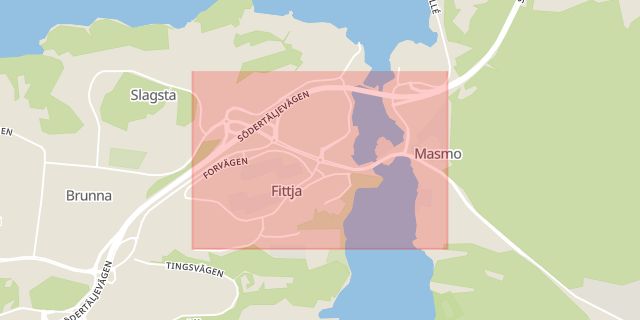 Karta som med röd fyrkant ramar in Fittja, Spränga, Botkyrka, Stockholms län