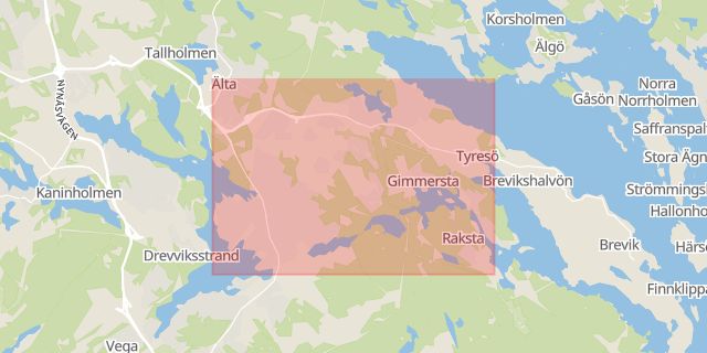 Karta som med röd fyrkant ramar in Tyresö, Stockholms län