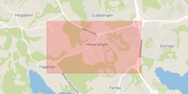 Karta som med röd fyrkant ramar in Hökarängen, Bandhagen, Stockholm, Stockholms län