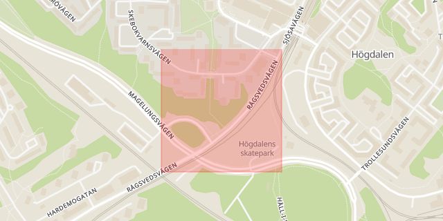 Karta som med röd fyrkant ramar in Rågsved, Hornstull, Stockholm, Stockholms län