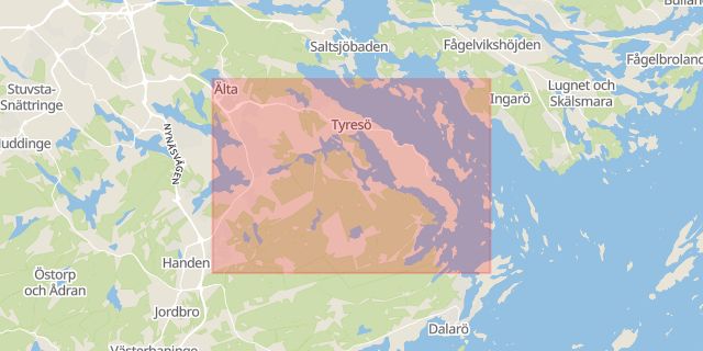 Karta som med röd fyrkant ramar in Gimmersta, Tyresö, Stockholms län