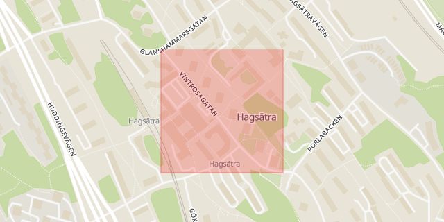 Karta som med röd fyrkant ramar in Hagsätra, Vintrosagatan, Stockholm, Stockholms län