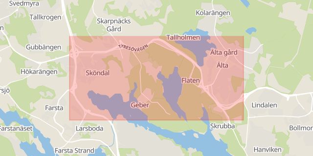 Karta som med röd fyrkant ramar in Tyresövägen, Skrubba, Stockholm, Stockholms län