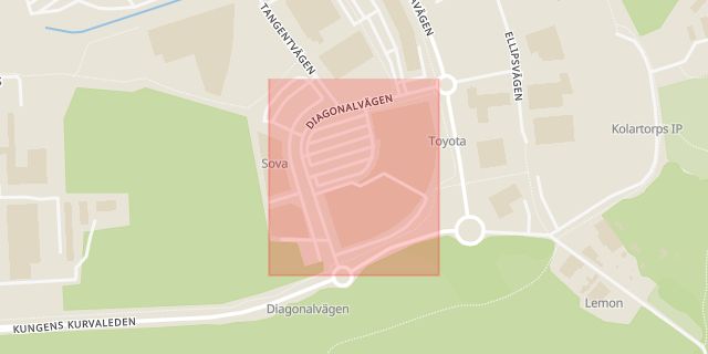 Karta som med röd fyrkant ramar in Diagonalvägen, Segeltorp, Huddinge, Stockholms län