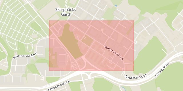 Karta som med röd fyrkant ramar in Skarpnäck, Horisontvägen, Stockholm, Stockholms län