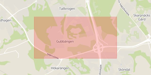 Karta som med röd fyrkant ramar in Gubbängen, Sköndal, Stockholm, Stockholms län