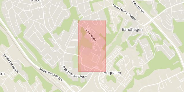 Karta som med röd fyrkant ramar in Bandhagen, Sjösavägen, Stockholm, Stockholms län