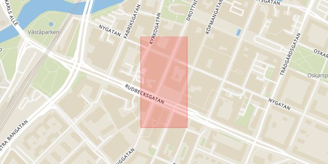 Karta som med röd fyrkant ramar in Drottninggatan, Fabriksgatan, Örebro, Örebro län