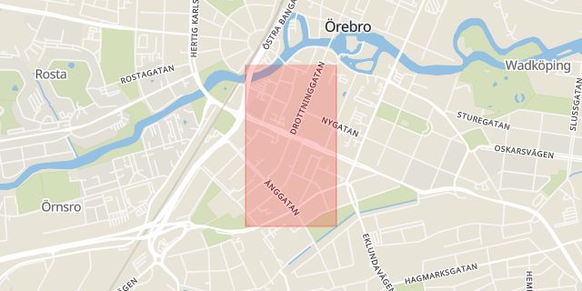 Karta som med röd fyrkant ramar in Köpmangatan, Örebro, Örebro län