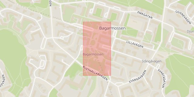 Karta som med röd fyrkant ramar in Bagarmossen, Rusthållarvägen, Stockholm, Stockholms län