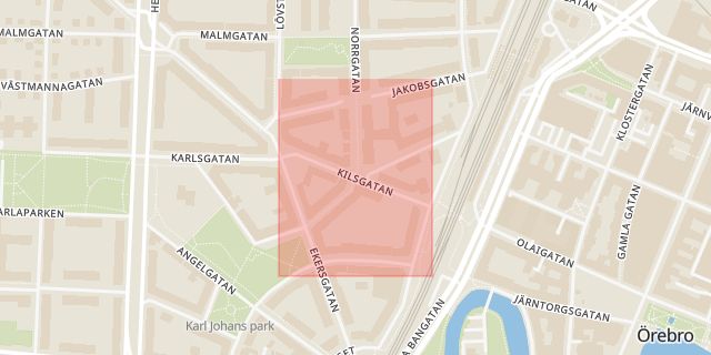 Karta som med röd fyrkant ramar in Kilsgatan, Örebro, Örebro län