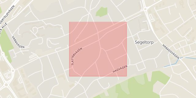 Karta som med röd fyrkant ramar in Segeltorp, Slåttervägen, Huddinge, Stockholms län