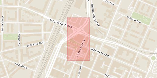 Karta som med röd fyrkant ramar in Rättscentrum, Järnvägsgatan, Örebro, Örebro län