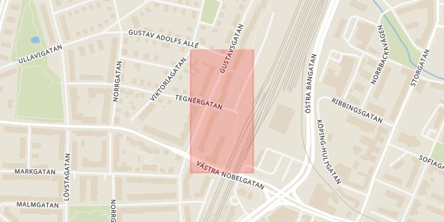 Karta som med röd fyrkant ramar in Norra Bangatan, Örebro, Örebro län