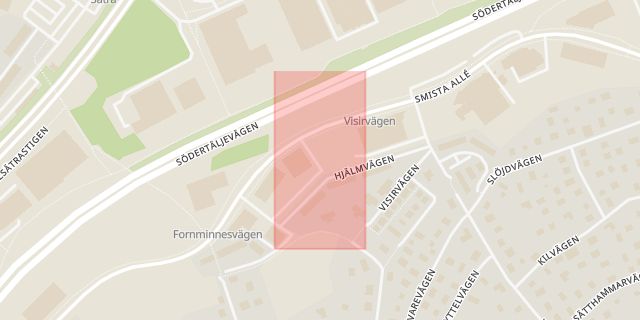Karta som med röd fyrkant ramar in Kungens Kurva, Hjälm, Huddinge, Stockholms län