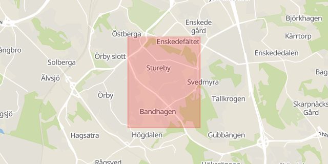 Karta som med röd fyrkant ramar in Hammarby Sjöstad, Vasastaden, Kärrtorp, Stureby, Stockholm, Stockholms län