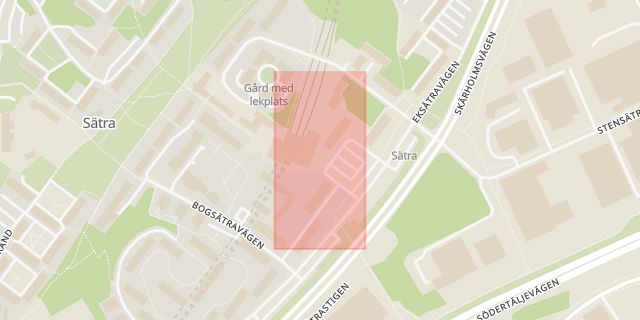 Karta som med röd fyrkant ramar in Sätra, Sätra Centrum, Stockholm, Stockholms län