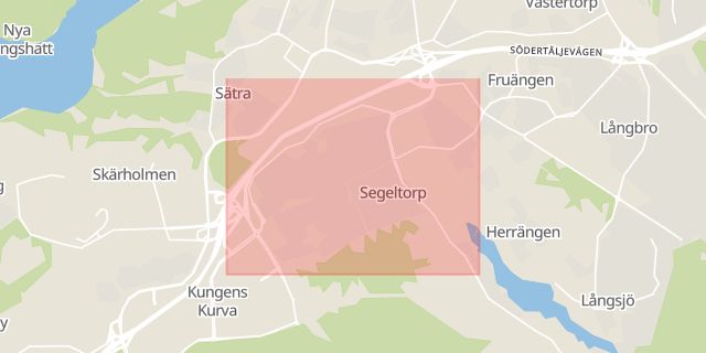 Karta som med röd fyrkant ramar in Segeltorp, Huddinge, Stockholms län