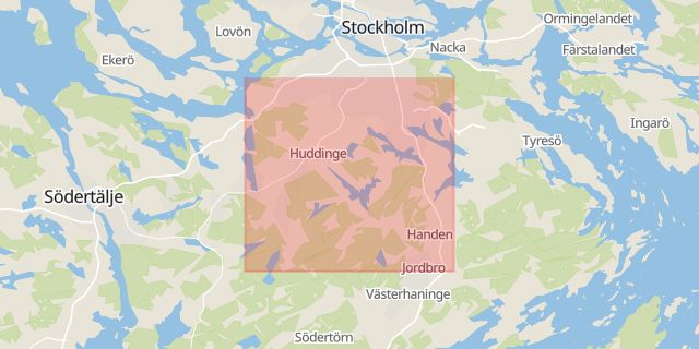 Karta som med röd fyrkant ramar in Johanneshov, Skogås, Sofielundsplan, Huddinge, Stockholms län