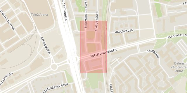 Karta som med röd fyrkant ramar in Gamla Enskede, Sofielundsplan, Stockholm, Stockholms län