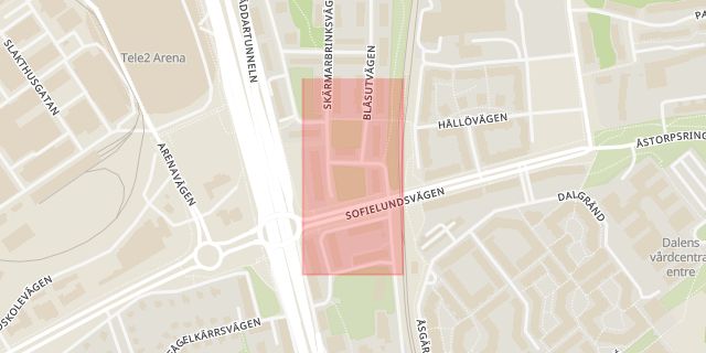 Karta som med röd fyrkant ramar in Sofielundsplan, Johanneshov, Stockholm, Stockholms län