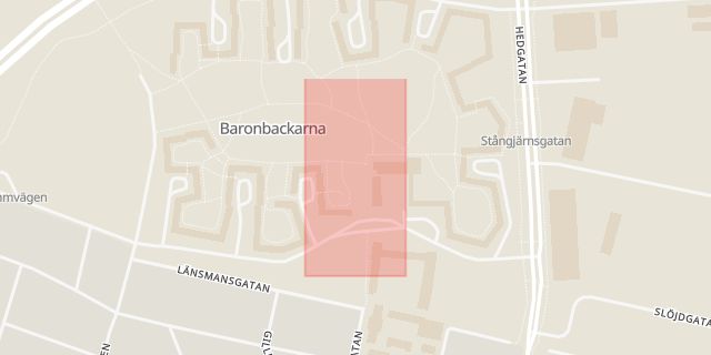 Karta som med röd fyrkant ramar in Hedgatan, Baronbackarna, Örebro, Örebro län