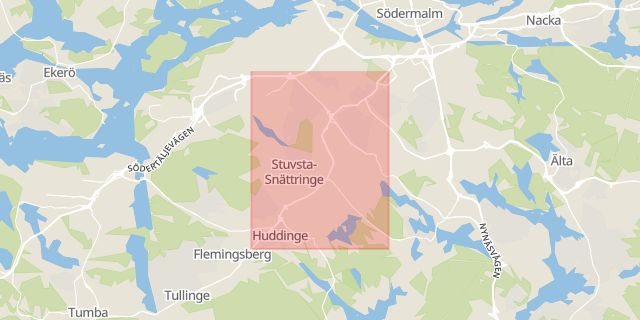 Karta som med röd fyrkant ramar in Huddingevägen, Rågsved, Stockholm, Stockholms län
