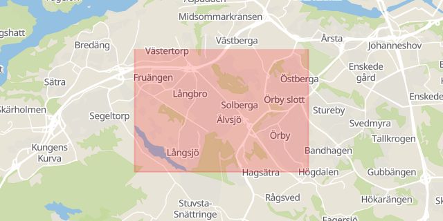 Karta som med röd fyrkant ramar in Älvsjö, Stockholm, Stockholms län