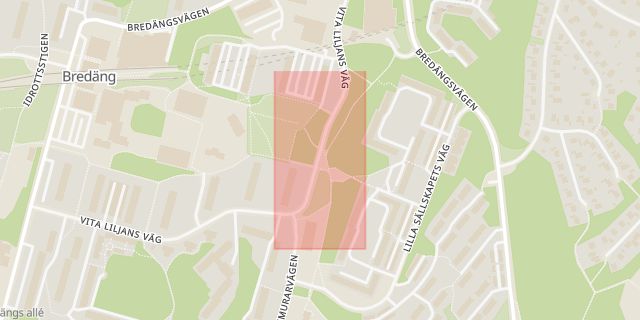 Karta som med röd fyrkant ramar in Bredäng, Vita Liljans Väg, Bredängsvägen, Frimurarvägen, Gröna Stugans Väg, Stockholm, Stockholms län