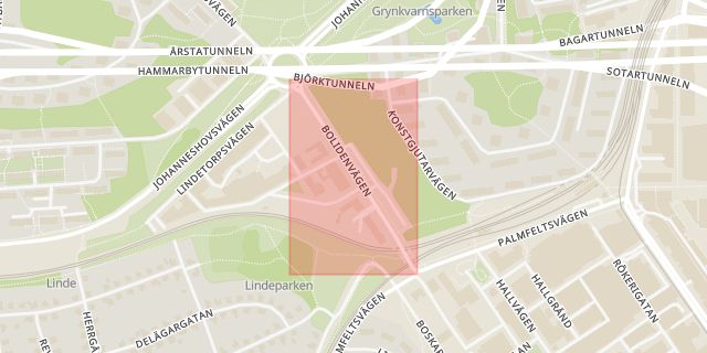Karta som med röd fyrkant ramar in Bolidenplan, Årsta, Stockholm, Stockholms län