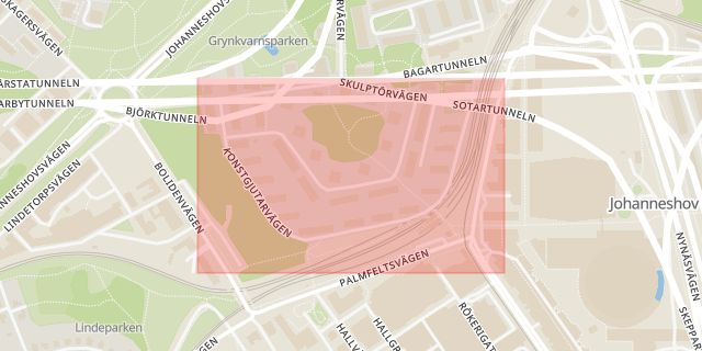 Karta som med röd fyrkant ramar in Konstgjutarvägen, Stockholm, Stockholms län