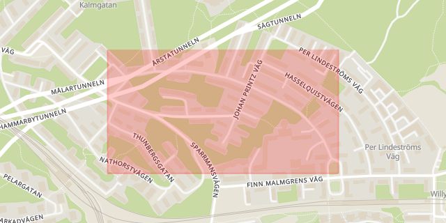 Karta som med röd fyrkant ramar in Hammarbyhöjden, Petrejusvägen, Stockholm, Stockholms län