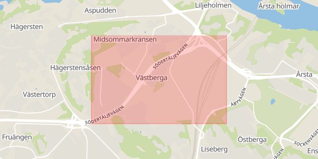Karta som med röd fyrkant ramar in Västberga, Stockholms län