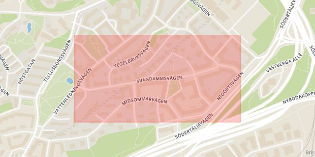 Karta som med röd fyrkant ramar in Midsommarkransen, Svandammsvägen, Stockholm, Stockholms län