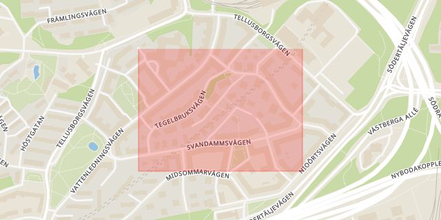 Karta som med röd fyrkant ramar in Tegelbruksvägen, Midsommarkransen, Stockholm, Stockholms län