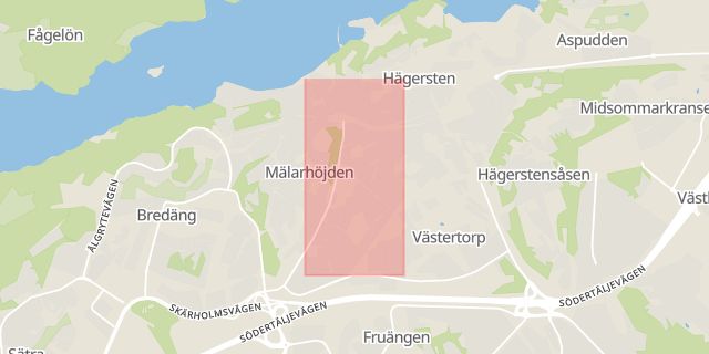 Karta som med röd fyrkant ramar in Storsvängen, Västertorp, Stockholm, Stockholms län