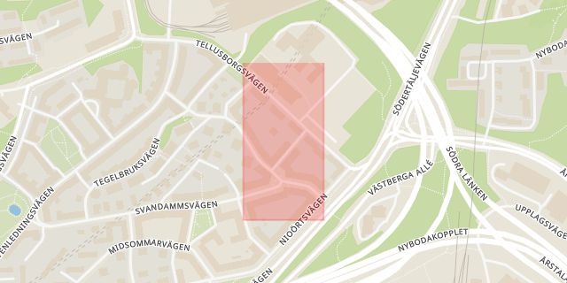 Karta som med röd fyrkant ramar in Nybodagatan, Midsommarkransen, Stockholm, Stockholms län