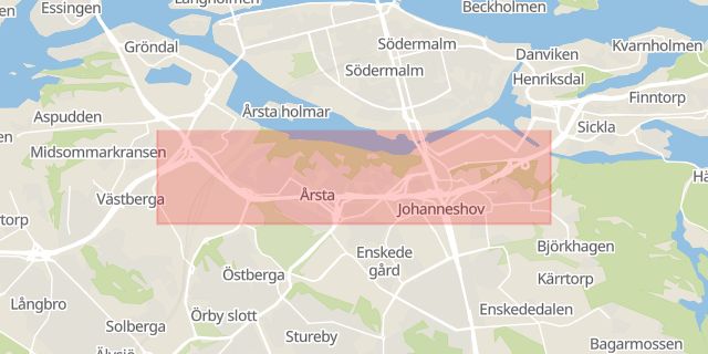 Karta som med röd fyrkant ramar in Nyboda, Körfältet, Södra Länken, Stockholm, Stockholms län